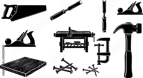 Carpentry tools solid icon set – silhouette woodworking, diy, and craftsmanship symbols for builders: saw blade, chisel, plane, workbench, clamp, wood board, nails, hammer.
