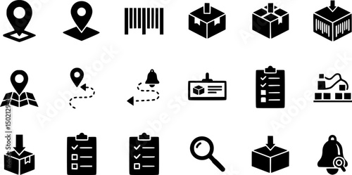 Shipping and logistics solid icon set – silhouette style for delivery, supply chain, and inventory management: location pin, barcode, package, map route, checklist, notification bell, search. 