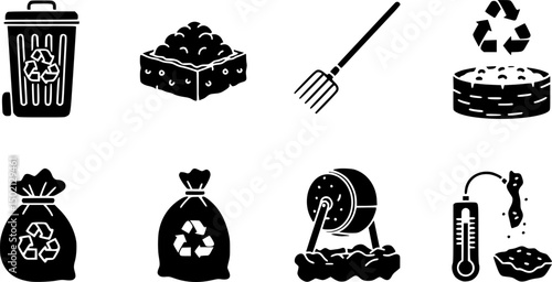 Composting and recycling icons set – solid style waste management, sustainable living, and eco-friendly symbols: bin, compost heap, pitchfork, waste bag, thermometer, compost tumbler, food scraps.