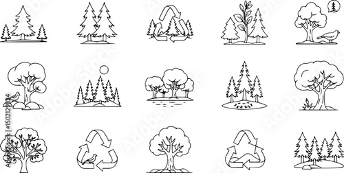 Forest and nature icon set – outline style environmental and botanical symbols for ecology, conservation, wildlife: tree, forest, park, woodland, nature trail, greenery