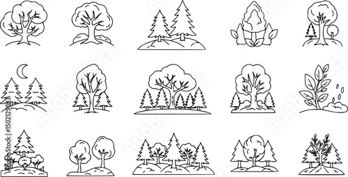 Forest and nature icon set – outline style environmental and botanical symbols for ecology, conservation, wildlife: tree, forest, park, woodland, nature trail, greenery