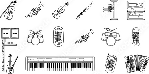 Musical instruments icon set – outline style music symbols for sound design, concert planning, and orchestra setup: violin, trumpet, flute, drums, keyboard, accordion