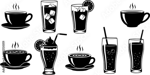 Hot drinks and beverages silhouette icon set – solid style coffee, tea, and refreshment symbols for menu design: teacup, iced drink, cappuccino, smoothie, latte, soda.