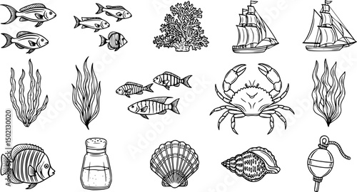Marine and ocean life outline icon set – nautical, aquatic symbols for sea exploration: fish, coral, seaweed, boat, crab, shell, salt shaker, buoy.