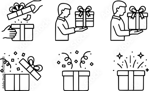 Minimalist gift box icon set: unwrapping, presenting, celebrating, sparkling in linear style

