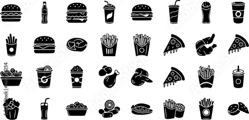Fast food silhouette icons set – solid, filled, meal and snack symbols