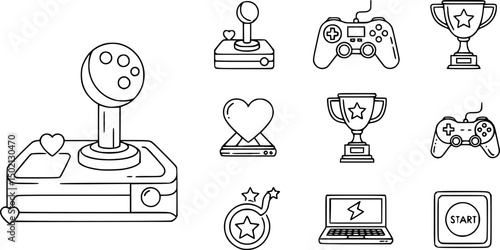 Gaming and entertainment icon set – linear style video games and leisure symbols for fun activities, consoles, and achievements: joystick, game controller, trophy, heart, start button