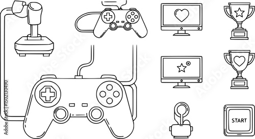 Gaming and entertainment icon set – linear style video games and leisure symbols for fun activities, consoles, and achievements: joystick, game controller, trophy, heart, start button