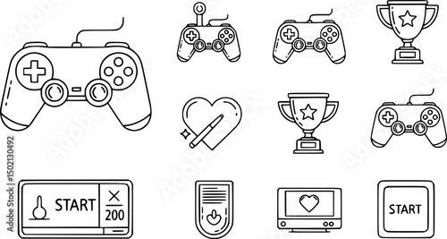 Gaming and entertainment icon set – linear style video games and leisure symbols for fun activities, consoles, and achievements: joystick, game controller, trophy, heart, start button