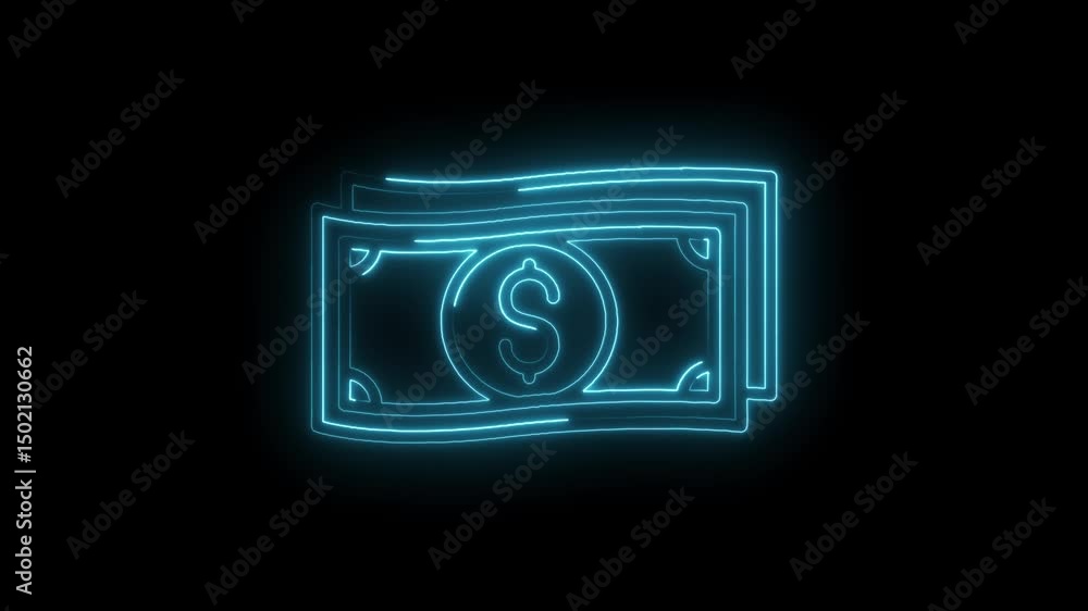 Glowing neon dollar bills animation on black background concept for business finance Glowing neon dollar bills animation on black background concept for business finance