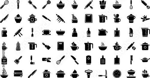 Culinary and cooking solid icons set – filled, kitchen and recipe preparation symbols
