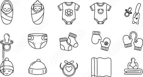 Baby essentials icon set – outline style newborn and infant symbols for parenting and nursery needs: swaddle, onesie, pacifier, diaper, hat, socks, mittens, blanket 