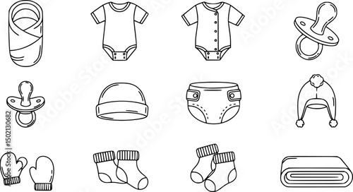 Baby essentials icon set – outline style newborn and infant symbols for parenting and nursery needs: swaddle, onesie, pacifier, diaper, hat, socks, mittens, blanket 