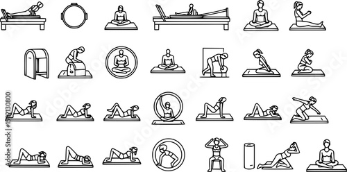 Pilates and fitness icon set – linear style exercise and wellness symbols for health, yoga, and gym: reformer, magic circle, mat, core strength, stretch, abs