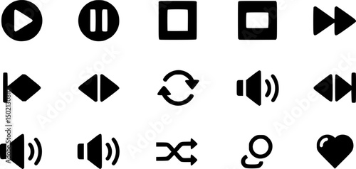 Music player interface icons - solid style audio and media control symbols: play, pause, stop, forward, rewind, volume, shuffle, loop, heart
