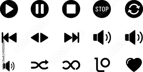 Music player interface icons - solid style audio and media control symbols: play, pause, stop, forward, rewind, volume, shuffle, loop, heart
