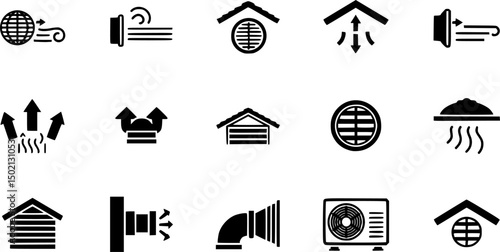 Ventilation and roofing solid icons set – air circulation, roof ventilation, hvac symbols
