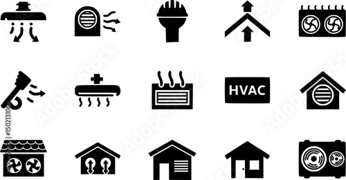 Ventilation and roofing solid icons set – air circulation, roof ventilation, hvac symbols
