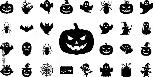 Halloween solid icon set – spooky, creepy, and festive symbols for seasonal designs
