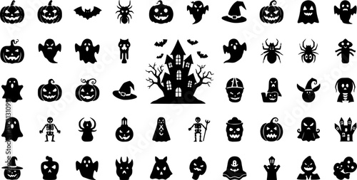Halloween solid icon set – spooky, creepy, and festive symbols for seasonal designs
