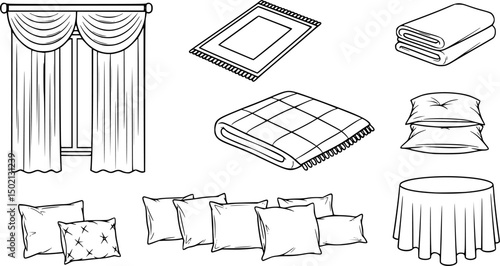 Home textiles icon set – outline style for interior design and living space decor: curtains, carpet, towel, blanket, pillows, tablecloth
