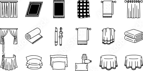 Home textiles icon set – outline style for interior design and living space decor: curtains, carpet, towel, blanket, pillows, tablecloth
