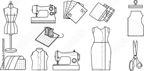 Fashion design line icons set – outline style sewing and tailoring symbols for diy crafting and clothing design: dress form, sewing machine, fabric swatches, scissors, dress pattern, textile