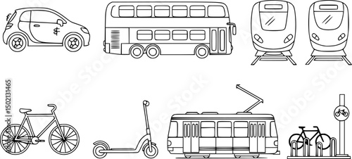 Urban transport icon set – outline style commuting and mobility graphics: electric car, bus, train, bicycle, scooter, tram, bike rack
