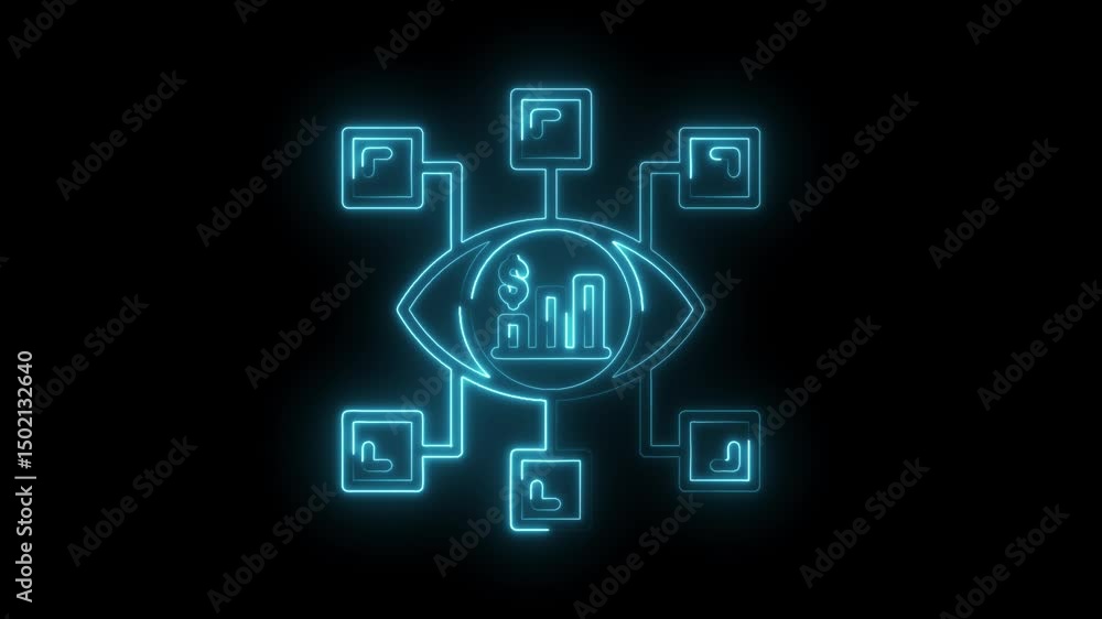 Eye shape with financial graph and connected cubes glowing neon light concept Eye shape with financial graph and connected cubes glowing neon light concept