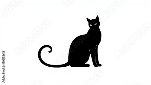A black cat sitting with a curled tail and glowing eyes on a white background looking forward calmly created with generated ai
