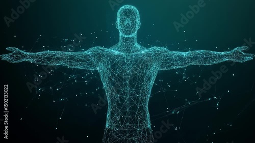 Abstract digital human body. Polygonal wireframe silhouette. Low poly anatomy blue background. Technology futuristic man or woman model. 3D vector illustration consists of thin lines, connected dots. 