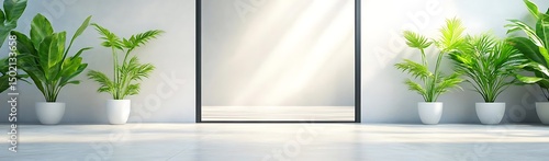 Modern interior, plants, mirror, sunlight