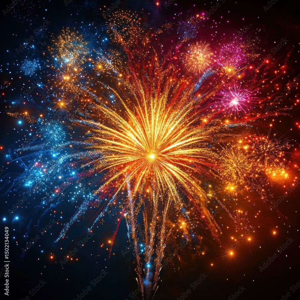 Fototapeta premium Bright multicolored fireworks exploding in the night sky with vibrant bursts of yellow, blue, red, and purple sparks creating a festive and exhilarating atmosphere