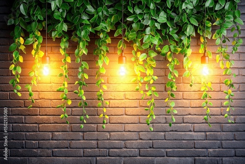 Hanging string lights and greenery adorn a brick wall.