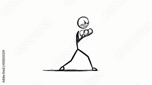 Stickman in Boxing Stance Ready to Strike Action Isolated on White