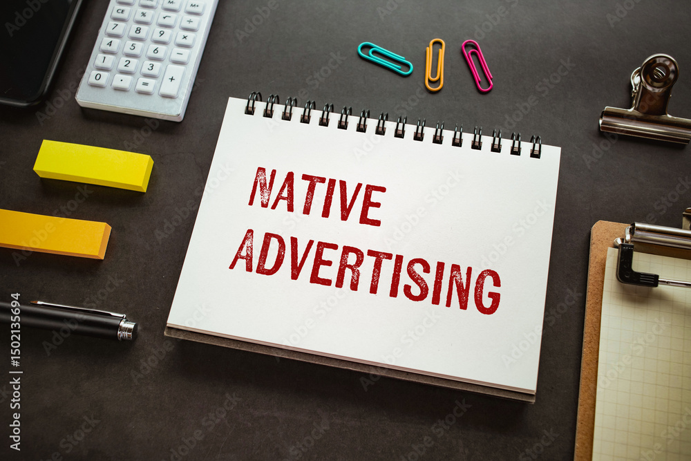 There is notebook with the word Native Advertising. It is as an eye-catching image. There is notebook with the word Native Advertising. It is as an eye-catching image.