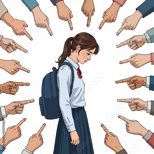 Sad Schoolgirl Victim of Bullying Surrounded by Pointing Fingers – Vector Illustration