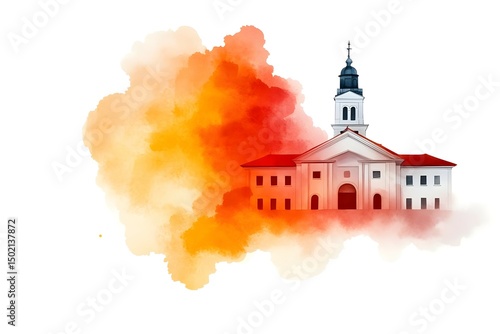 A church with a red roof and white walls