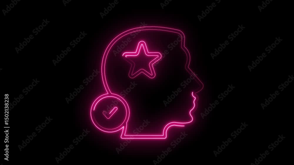 Neon pink man silhouette with star brain and tick symbol on black background