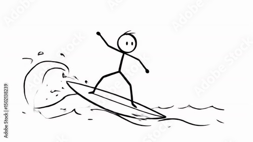 Stickman Surfing on a Wave with Black Outline on White Background Symbolizing Summer Beach Activities