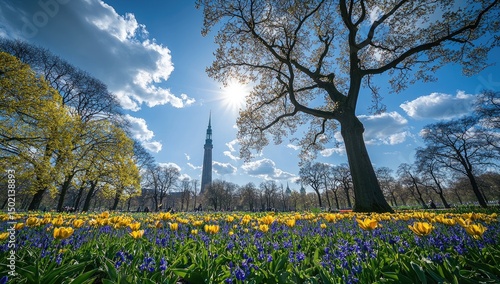 Springtime blossoms in a city park.