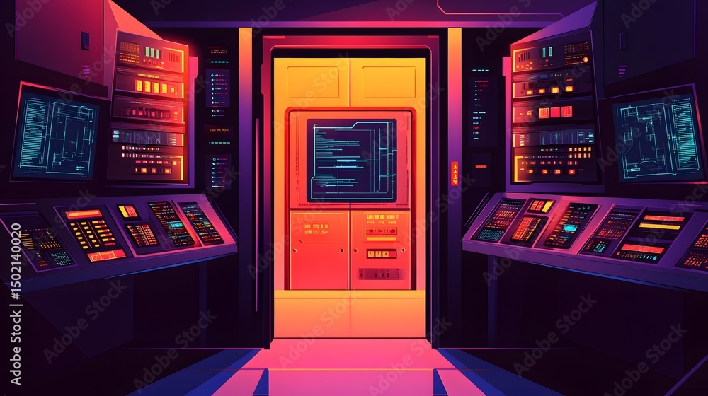 Naklejka premium Futuristic server room interior with glowing displays and controls.