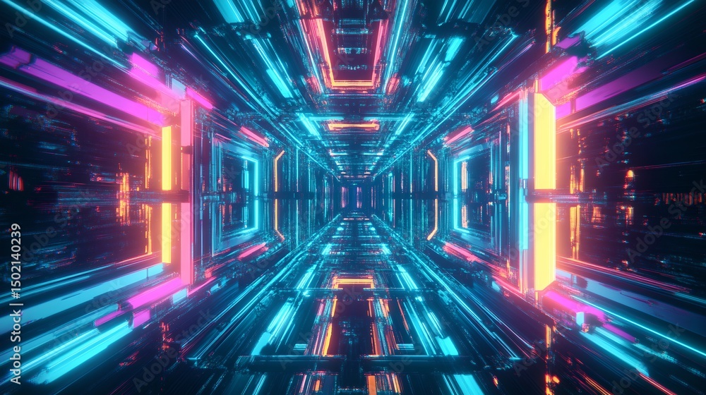 an intricate, cyberpunk inspired digital art piece featuring a symmetrical, tunnel like structure with a vibrant mix of blue, pink, green, and purple hues an intricate, cyberpunk inspired digital art piece featuring a symmetrical, tunnel like structure with a vibrant mix of blue, pink, green, and purple hues