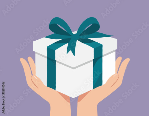 Gift reward program, bonus or surprise present for customer, employee reward or lucky prize, birthday gift box or festive incentive, special loyalty program concept, hand giving gift box with ribbon.