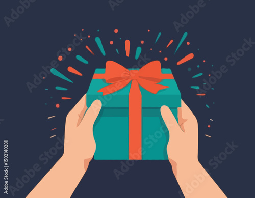 Gift reward program, bonus or surprise present for customer, employee reward or lucky prize, birthday gift box or festive incentive, special loyalty program concept, hand giving gift box with ribbon.