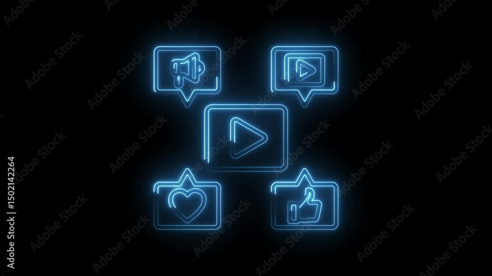 Neon social media icons animation on black background like subscribe share and comment Neon social media icons animation on black background like subscribe share and comment