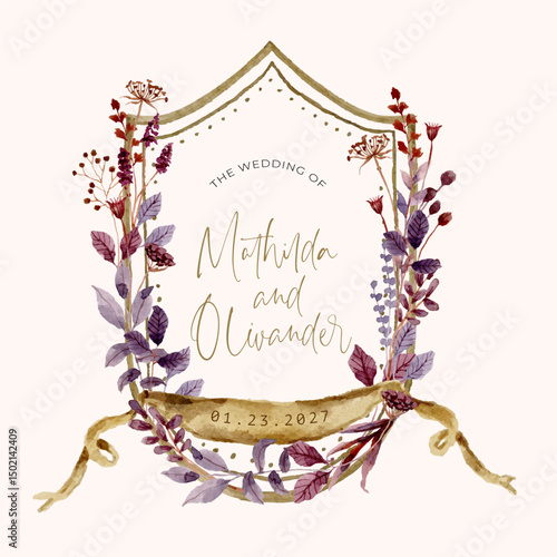 vintage brown purple wildflower and leaves watercolor wedding crest