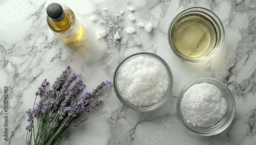 Lavender sprigs, salt, and oil on a marble surface.
