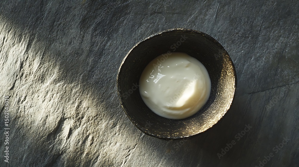 A bowl of white sauce on a textured surface A bowl of white sauce on a textured surface