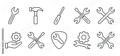 Tools and Service icons set. Containing wrench, hummer, screwdriver, maintenance, installation, technical. setting symbol, repair, service sign, Vector illustration
